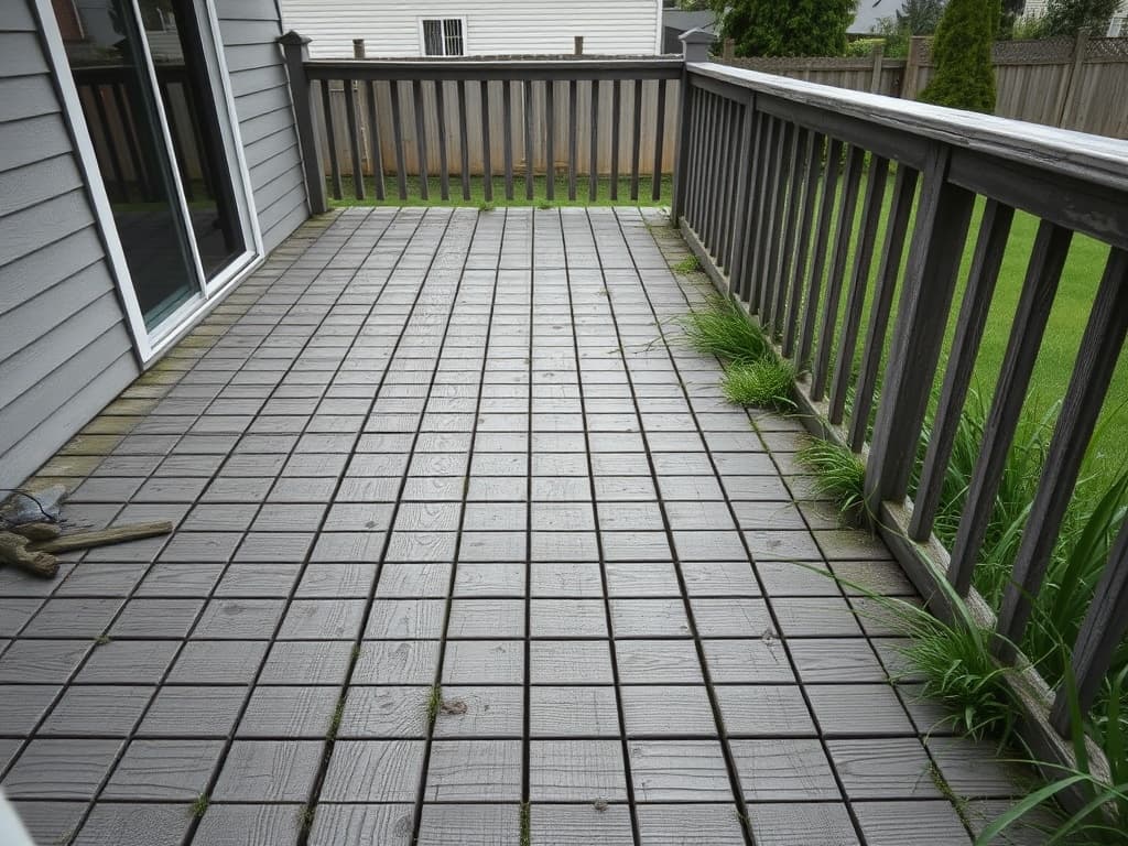 Worn weathered backyard deck with faded grey planks before